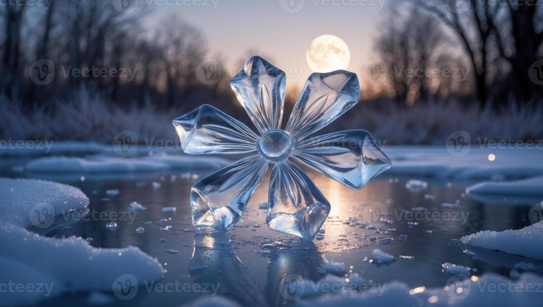 Crystal Snowflake Resting on Frozen Lake Ice with a Full Moon Backdrop photo