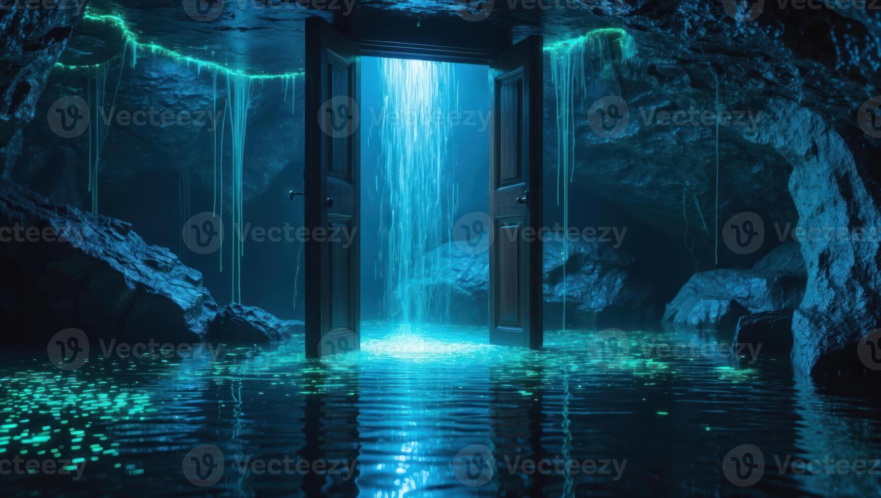 Open Door in Cave with Glowing Water and Drip Illusion photo