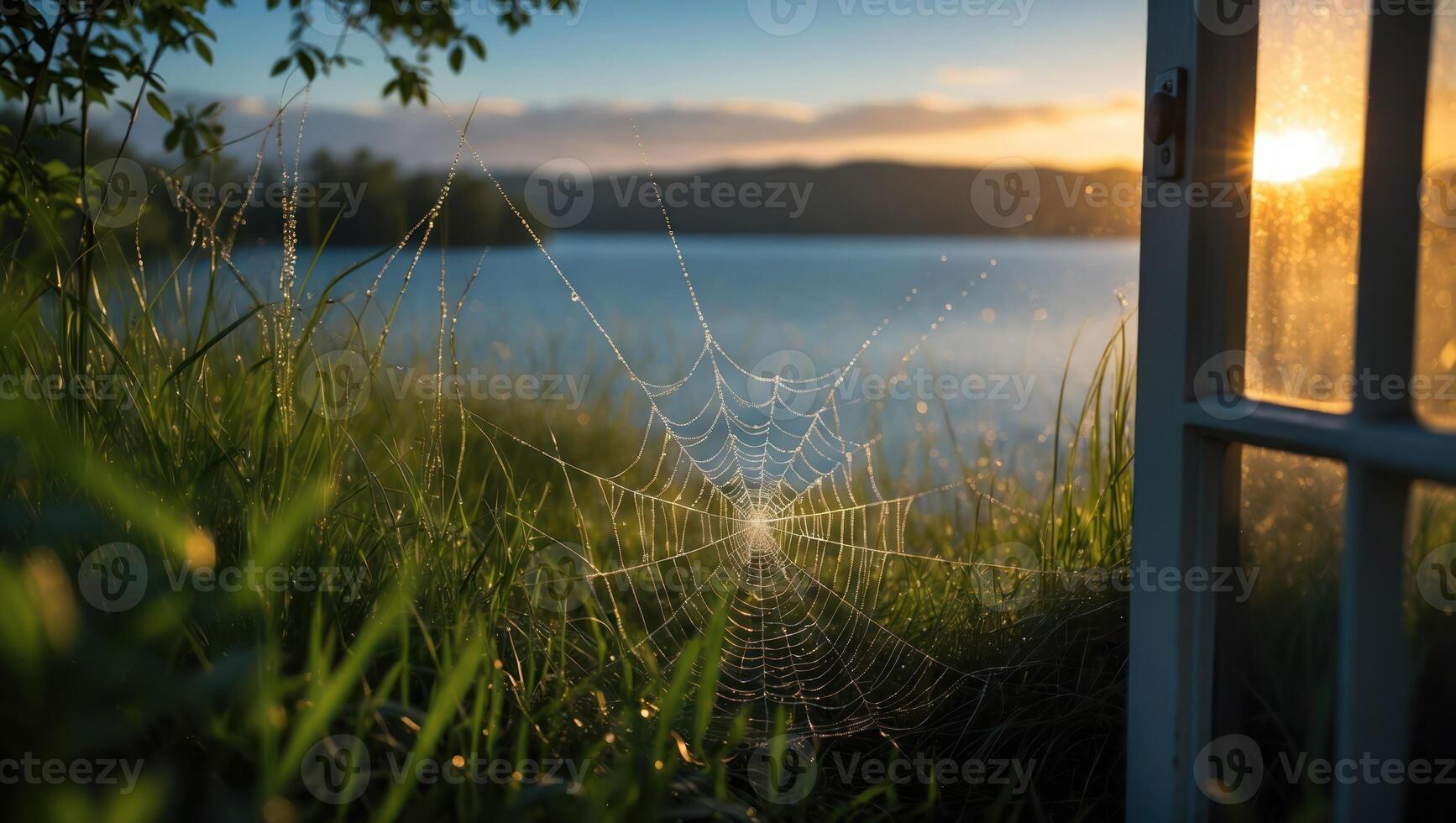 Spiderweb with Dewdrops at Lake's Edge Reflecting Golden Sunrise Light photo