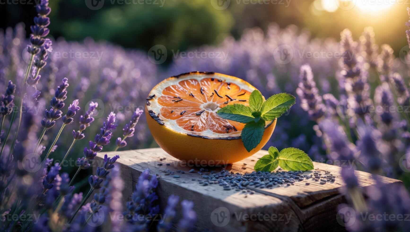 Grapefruit Half and Mint on Wood with Lavender Field Backdrop photo