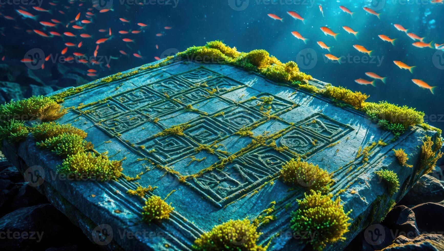 Submerged Ancient Stone Table with Carvings Surrounded by Tropical Fish photo
