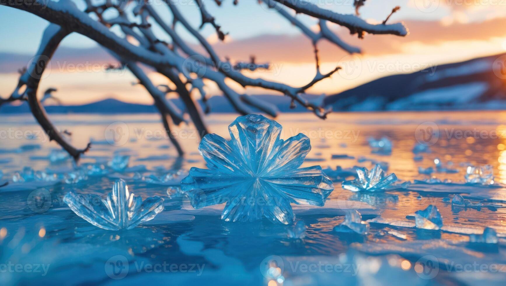 Ice Crystals on Frozen Lake at Sunset with Snowy Tree Branch photo