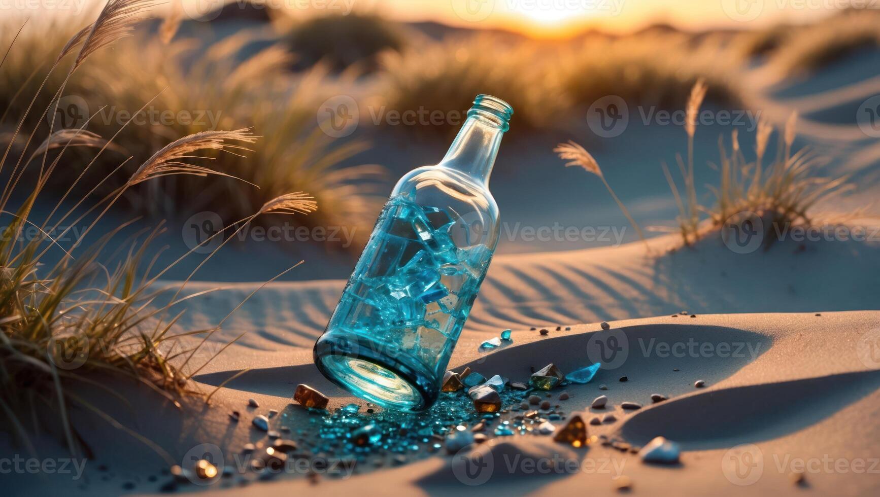 Broken Bottle with Glass Shards on Sandy Beach at Sunset photo