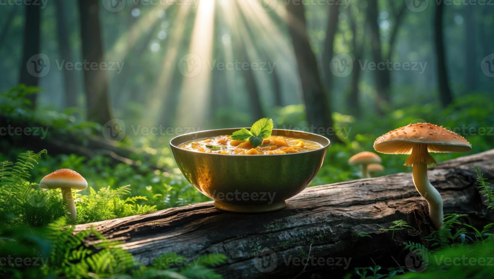 Bowl of Stew Resting on Log in Forest with Mushrooms photo
