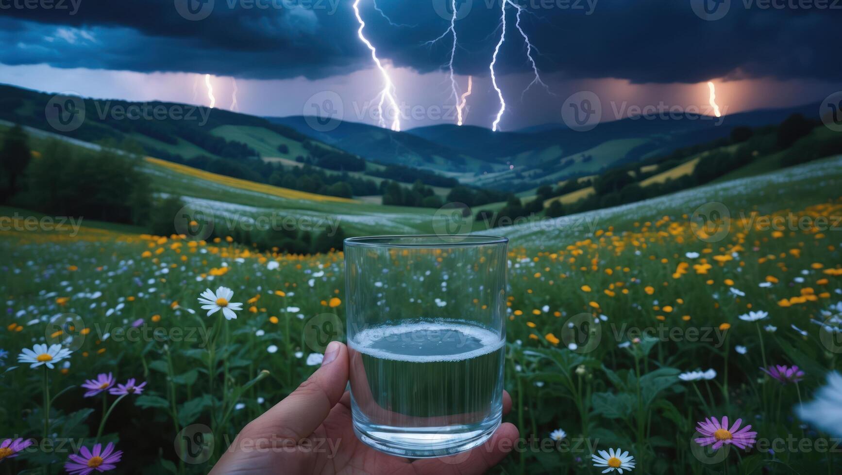 Holding Glass of Water in Flower Field During a Lightning Storm photo