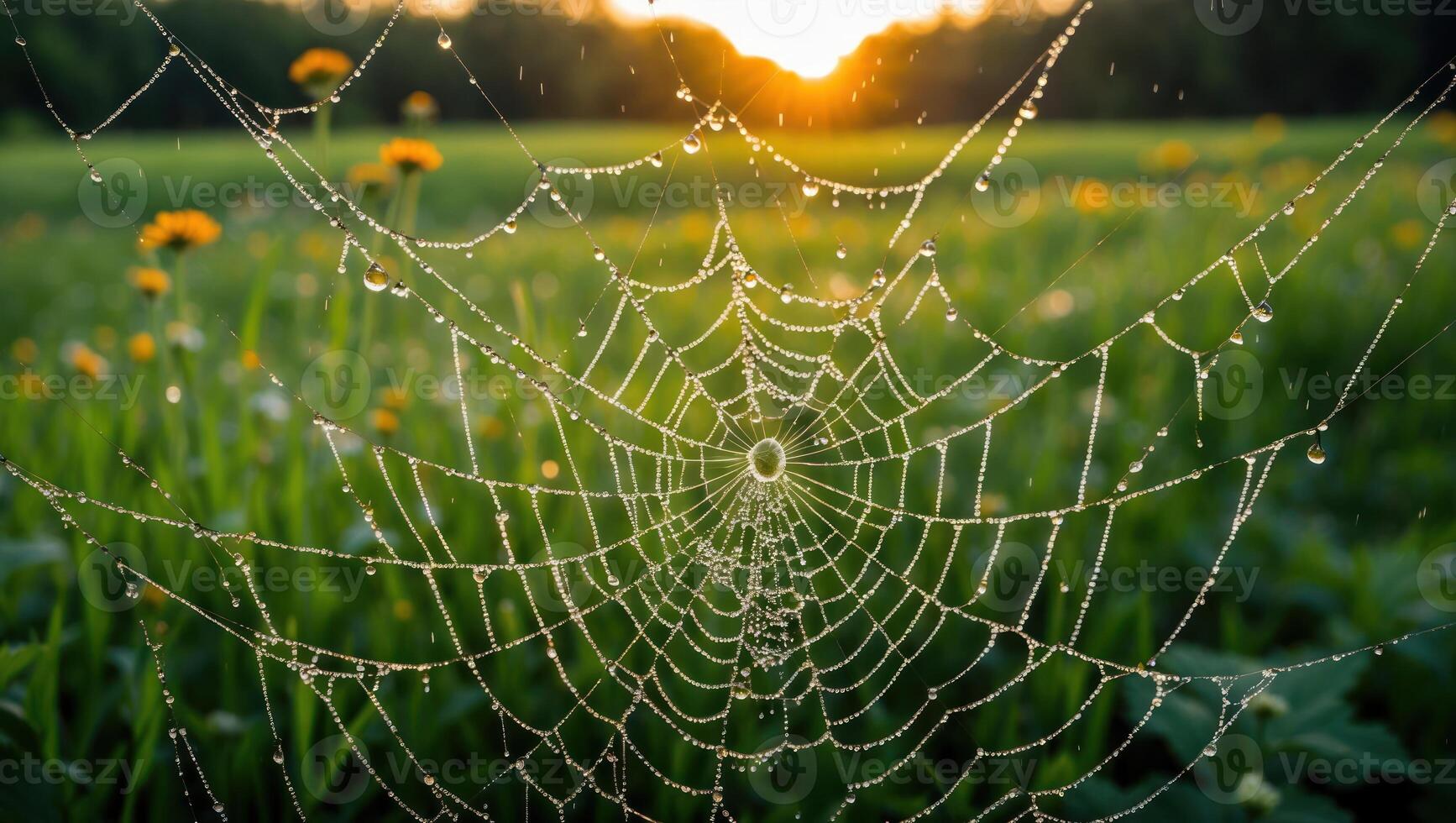 Spiderweb Covered in Dew Drops Shines in Golden Light Field photo