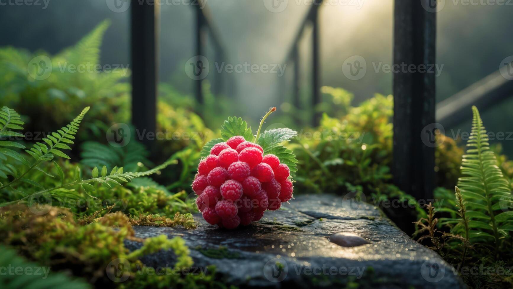Raspberry Resting on Stone with Ferns and Mossy Natural Setting photo