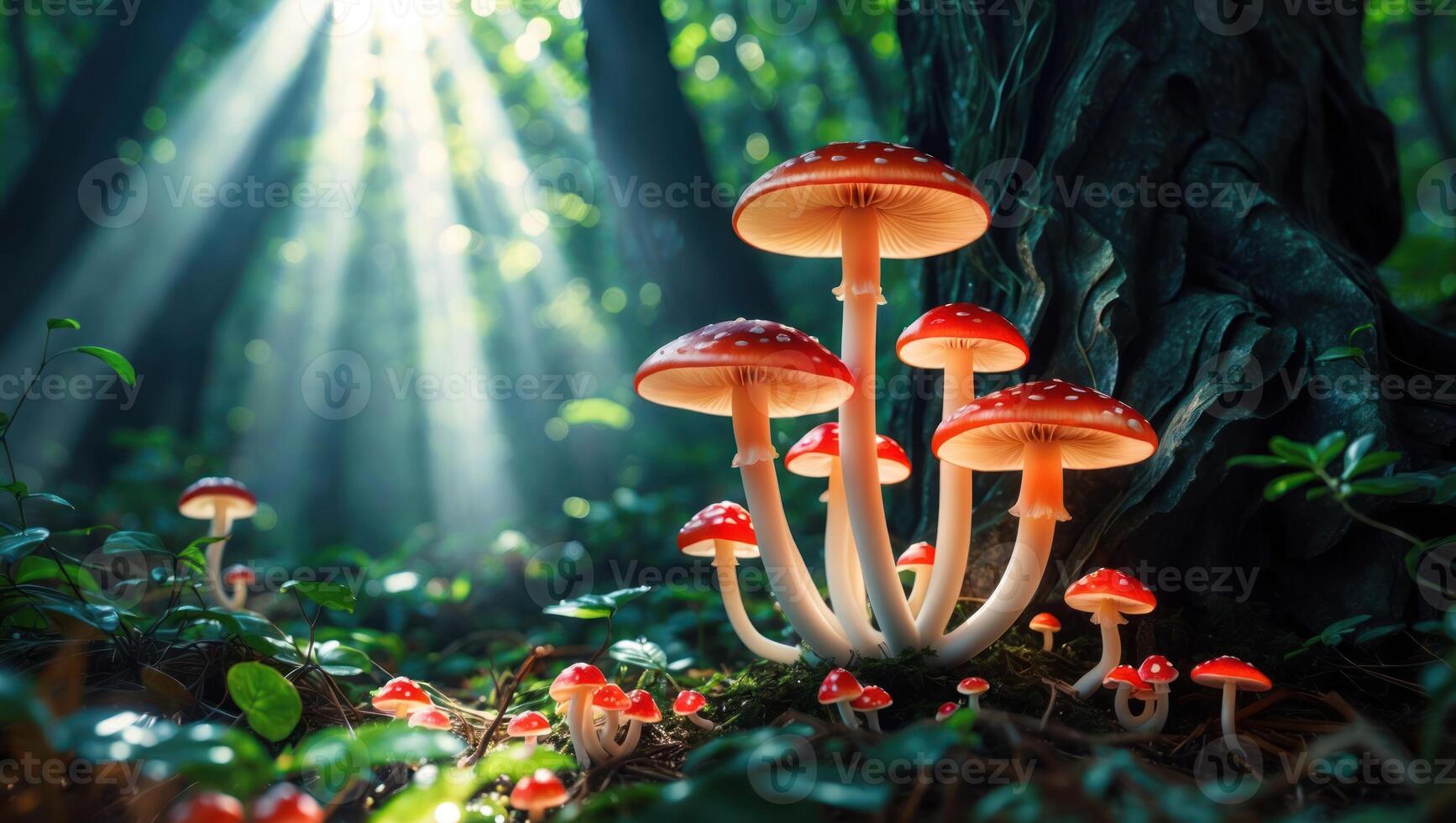 Red Mushrooms Growing in Forest with Sun Rays Shining Through Trees photo