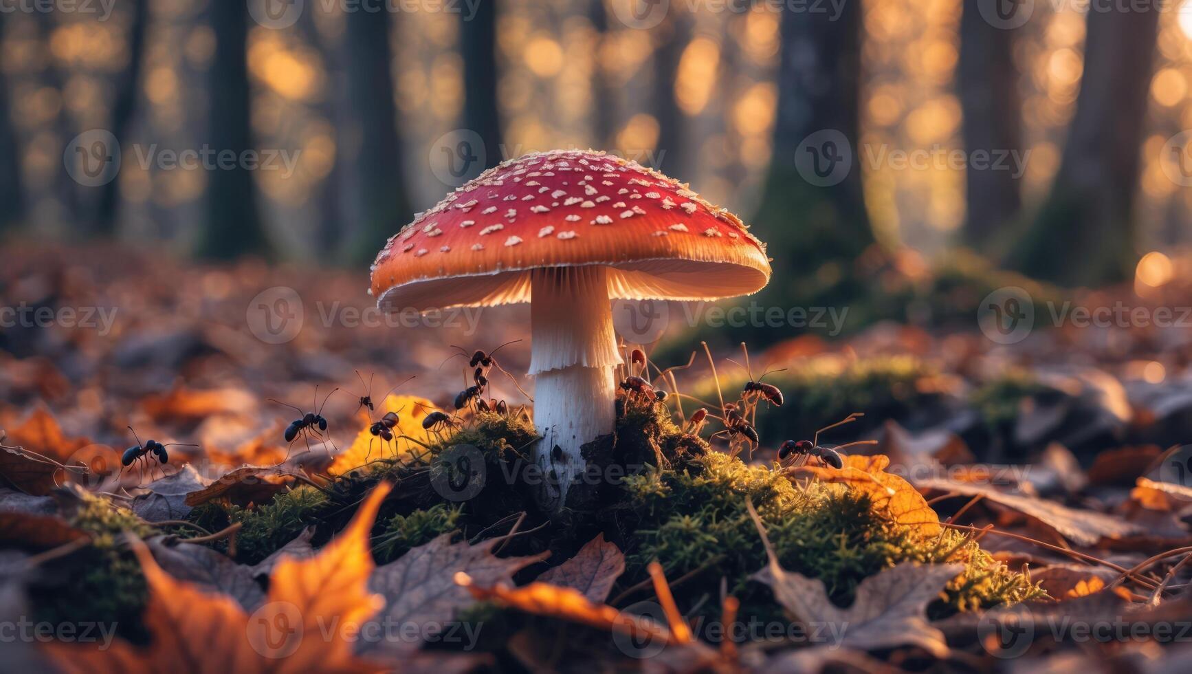 Red Mushroom Surrounded by Ants and Fallen Leaves in Autumn Forest photo