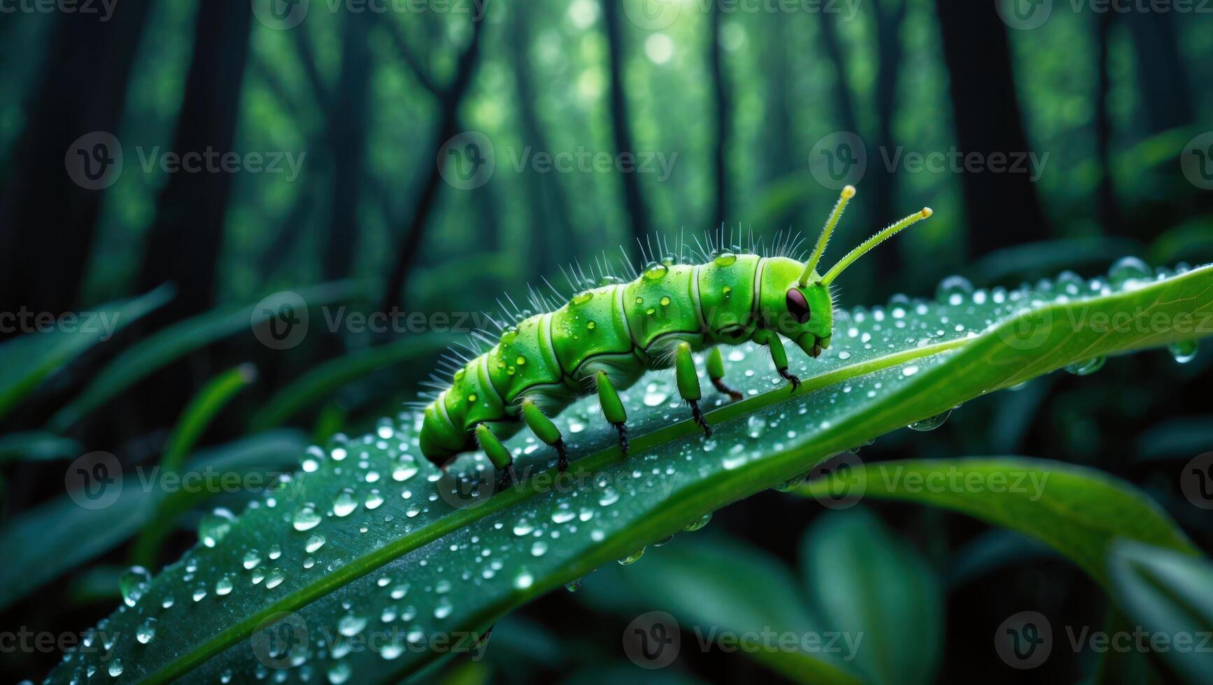 Green Caterpillar Crawling on Leaf with Water Droplets in Forest photo