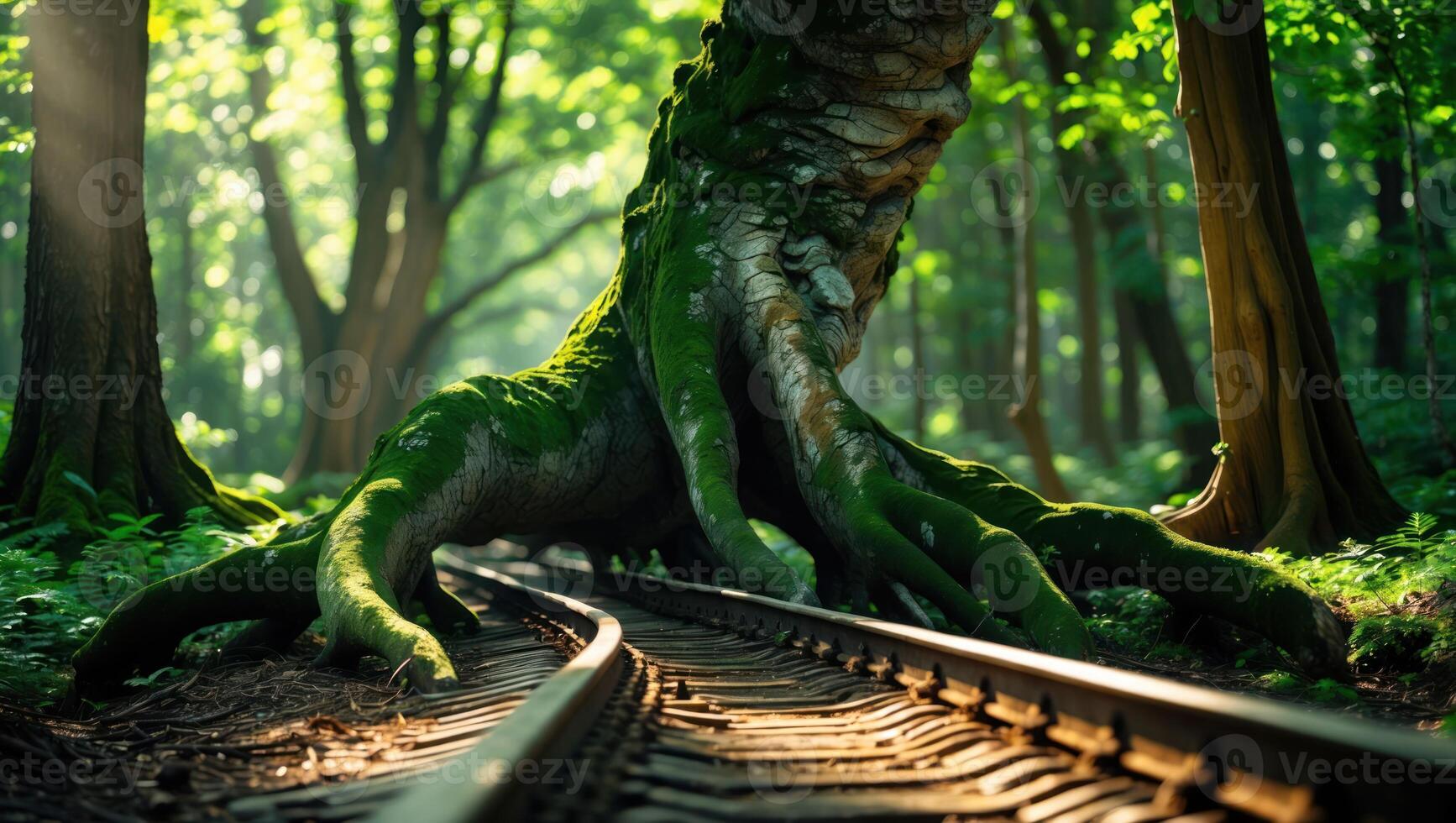 Tree Root Growing Over Train Tracks in Forest Environment photo