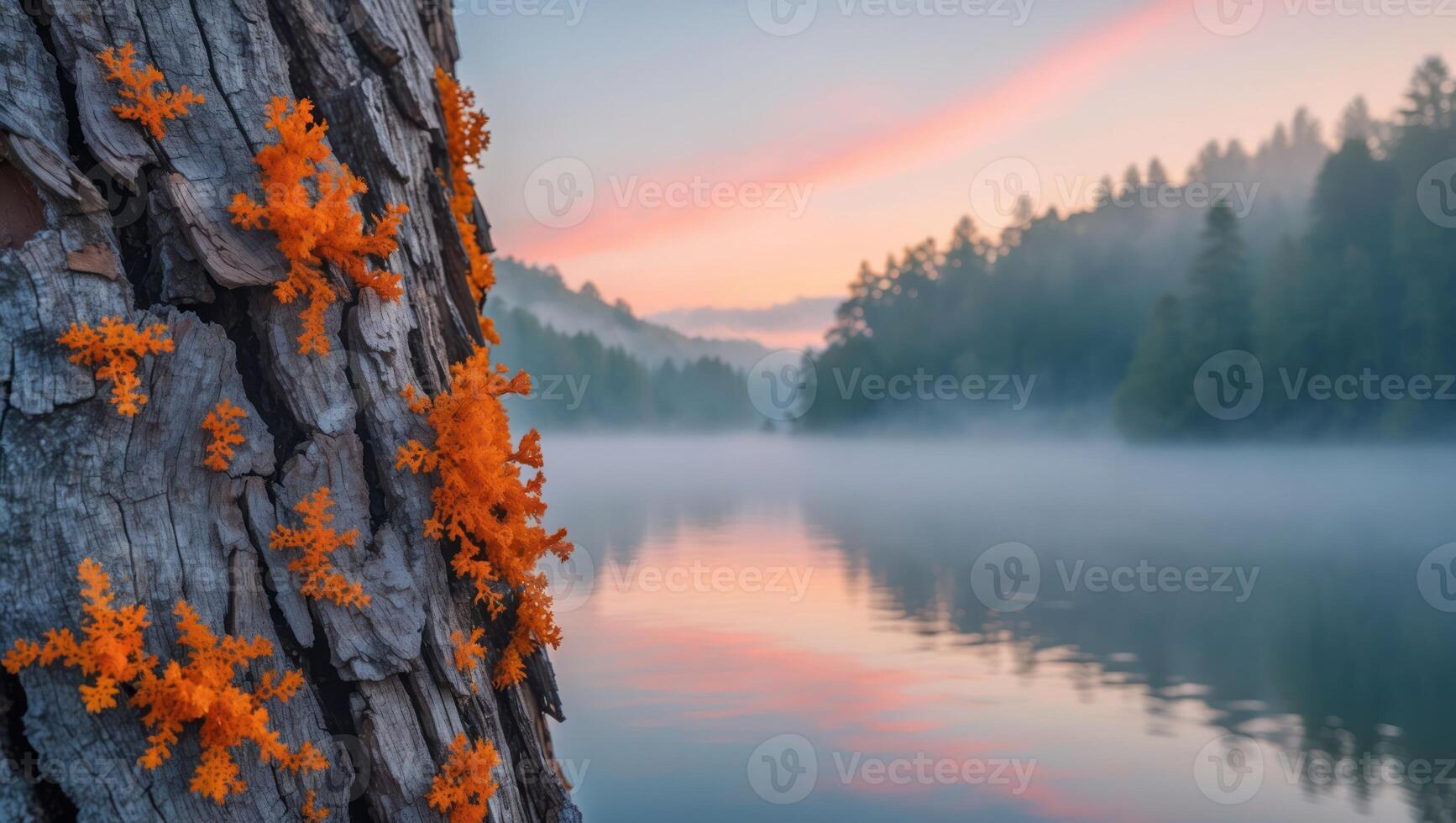 Orange Fungus Growing on Tree with Misty Lake at Sunrise photo
