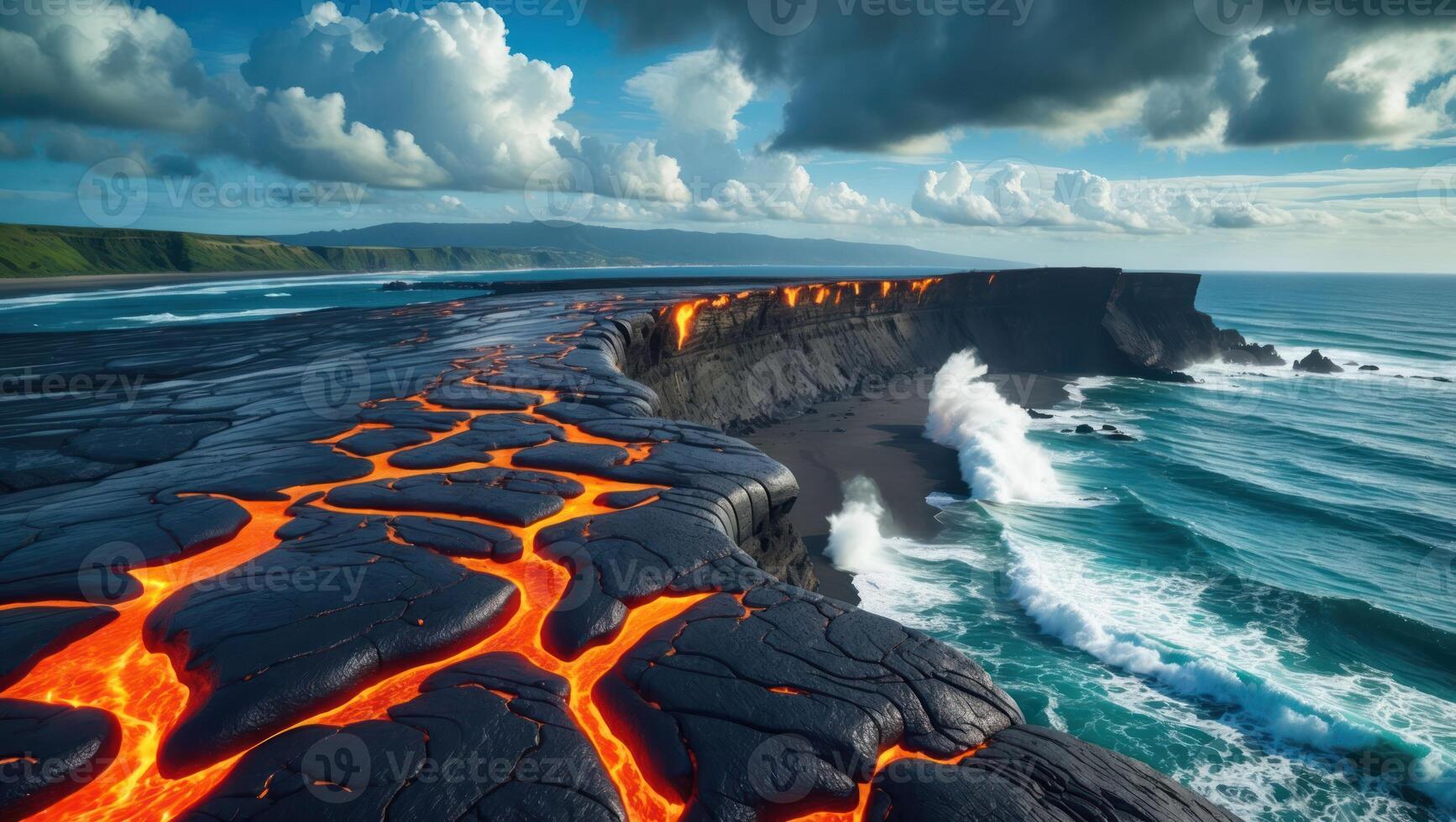 Molten Lava Flowing to Ocean Shore with Waves Crashing Rocks photo