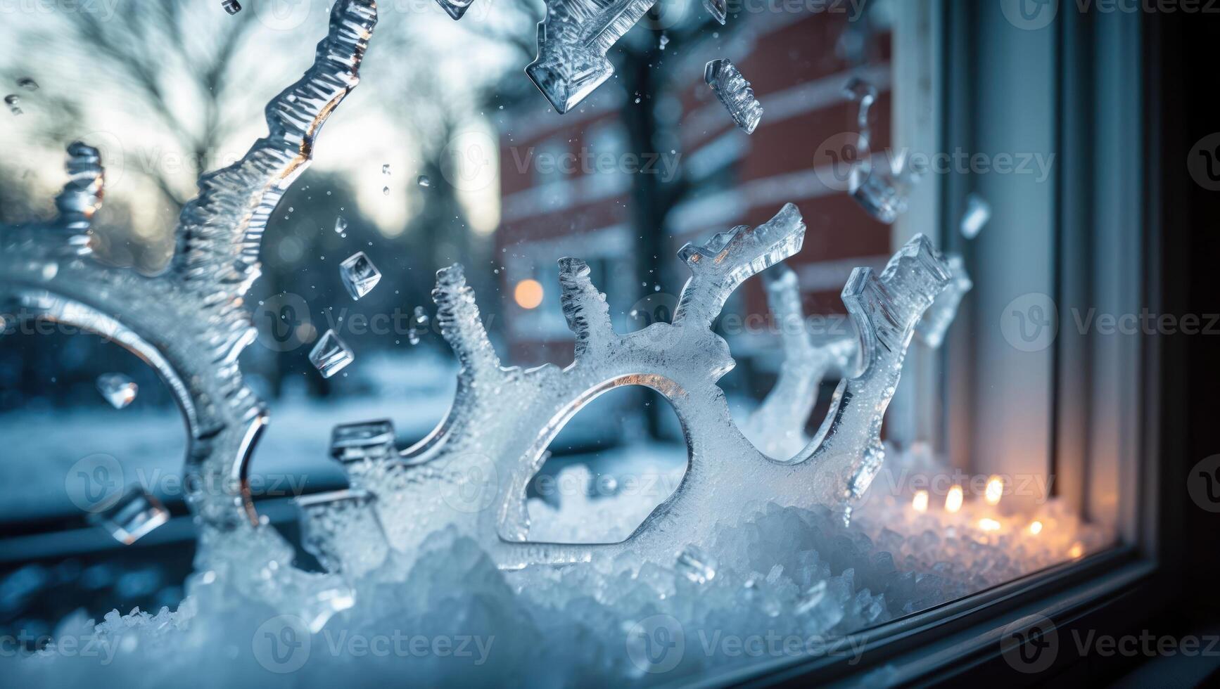 Icy Window Pattern on Winter Day with Soft Candlelight Glow photo