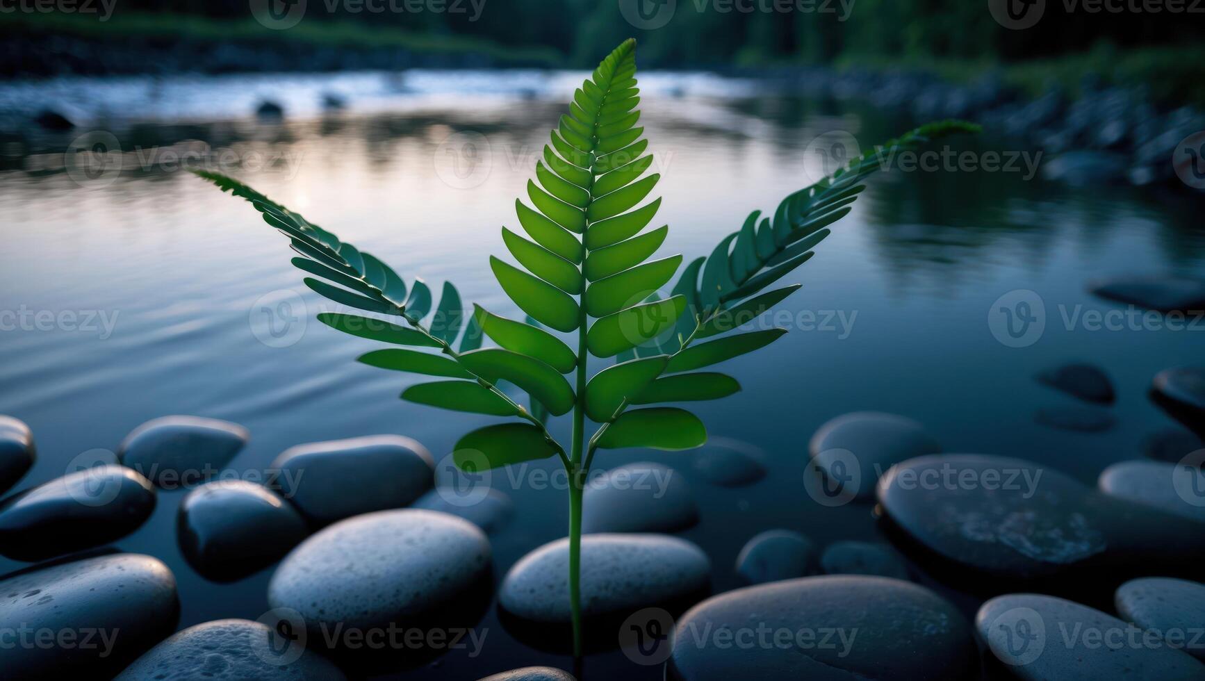 Fern Growing Among River Rocks with Reflections and Serene Backdrop photo