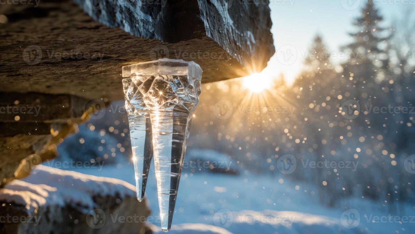 Icicles Hanging From Rock Formation with Sparkling Sunlight in Winter photo