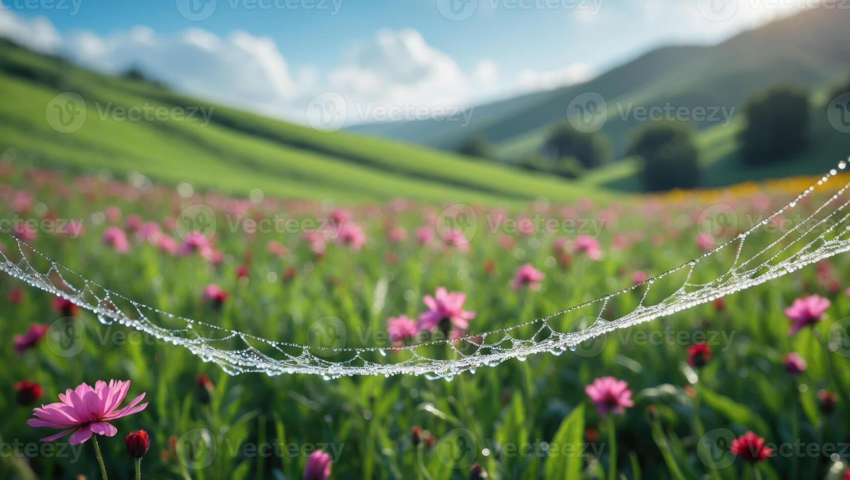 Dew Covered Spiderweb Over Flower Field with Green Hills photo