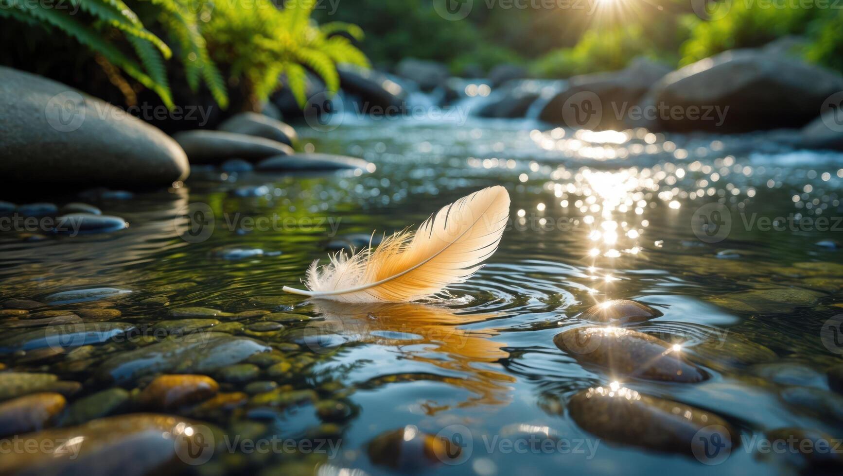 Floating Feather on Gentle River Waters with Sunlight Reflection photo