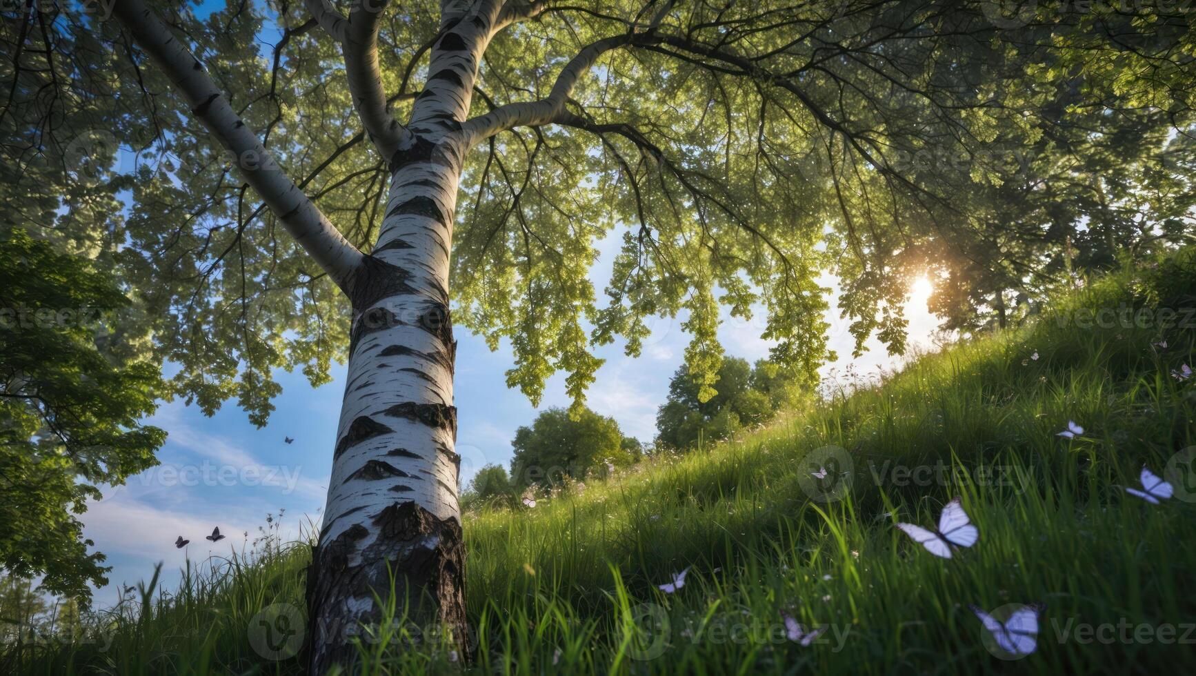 Standing Birch Tree with Butterflies in a Grassy Meadow Scene photo