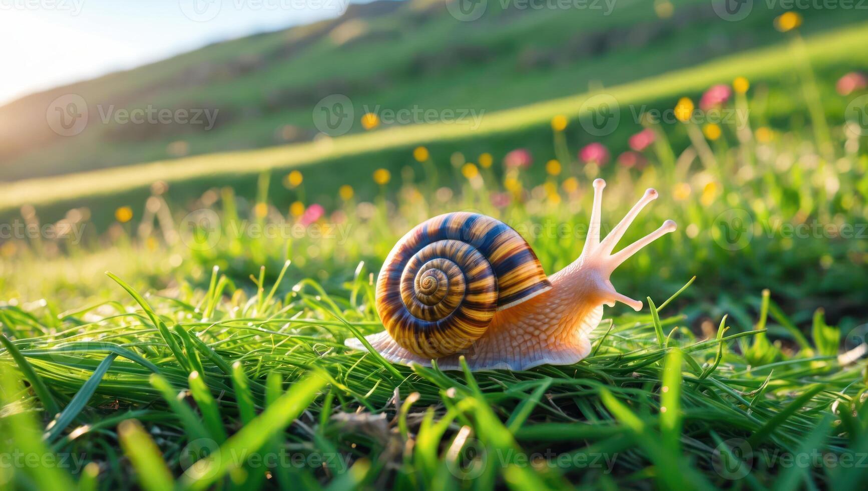 Snail Crawling on Green Grass in a Field with Wildflowers photo