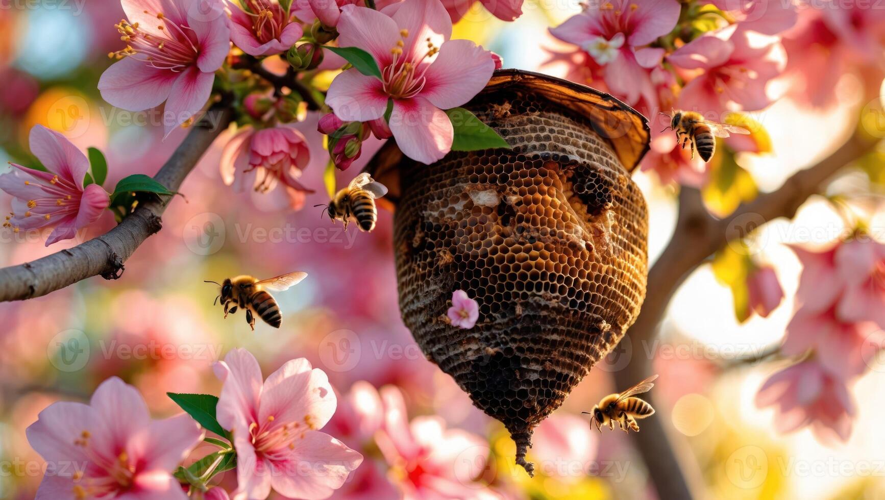 Bees Flying Around a Hive in a Flowering Tree Branch photo