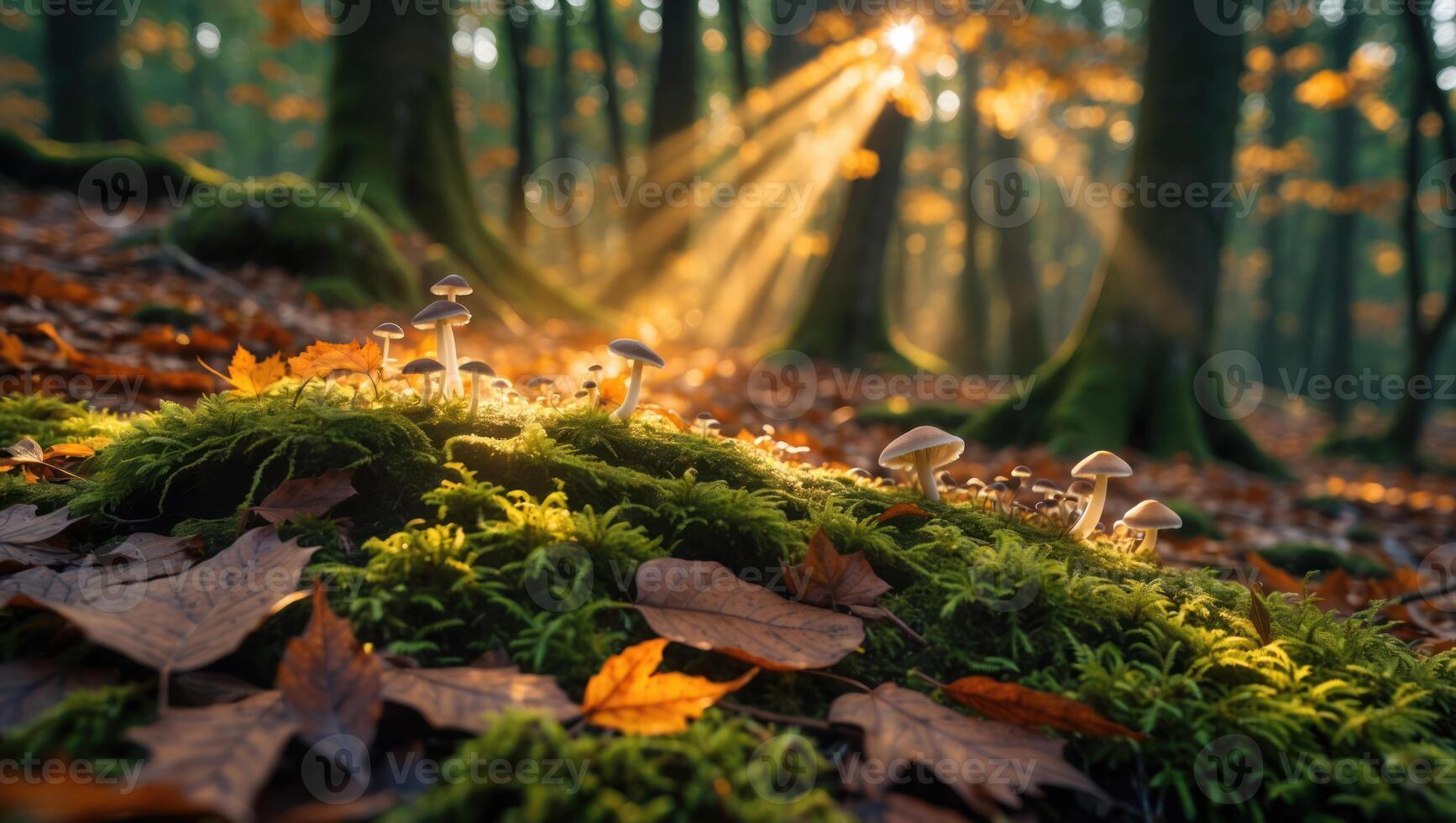 Mushrooms Growing on Moss with Sunlight in Forest During Autumn photo