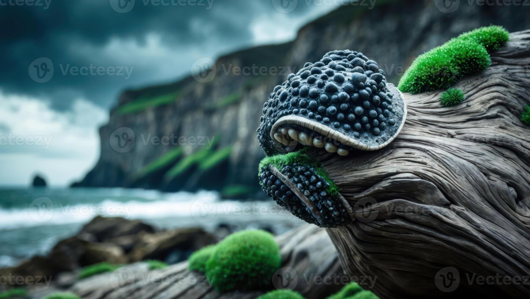 Driftwood with Textured Growth and Moss at Ocean Coastline Landscape photo