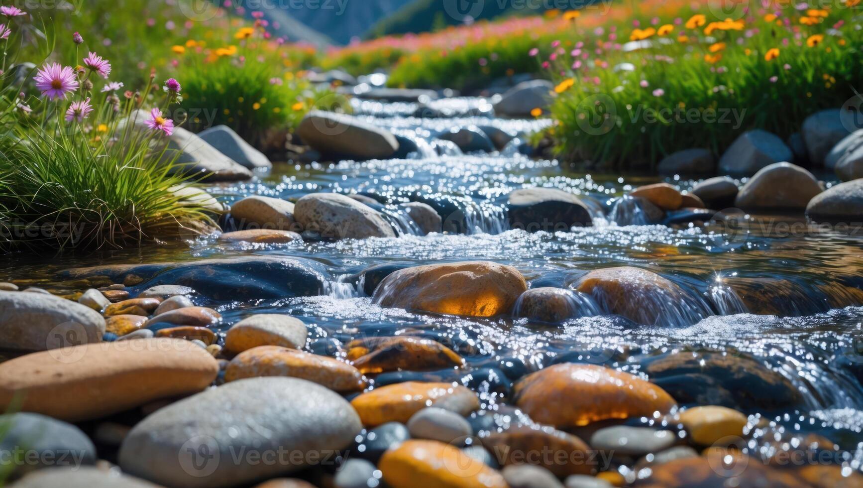 River Flowing Over Rocks with Wildflowers in Natural Mountain Setting photo