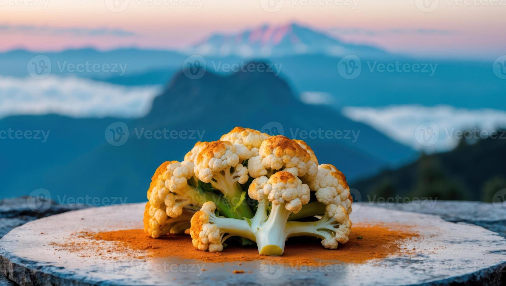 Cauliflower Still Life with Mountains Background at Dusk on Round Stone photo