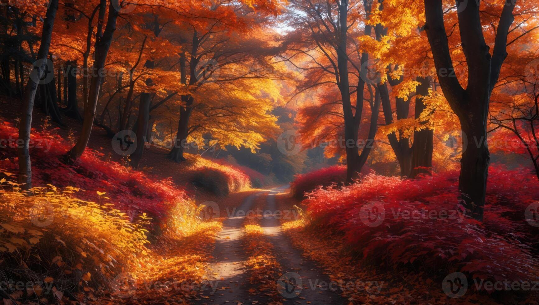 Winding Path Through Autumn Forest with Colorful Trees and Foliage photo