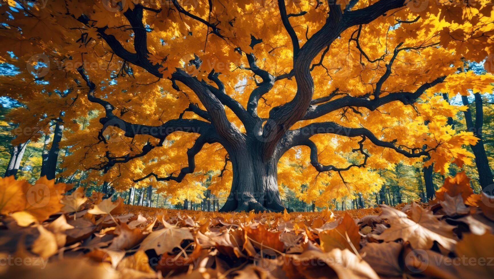 Majestic Old Tree with Yellow Leaves in Autumn Forest Scenery photo