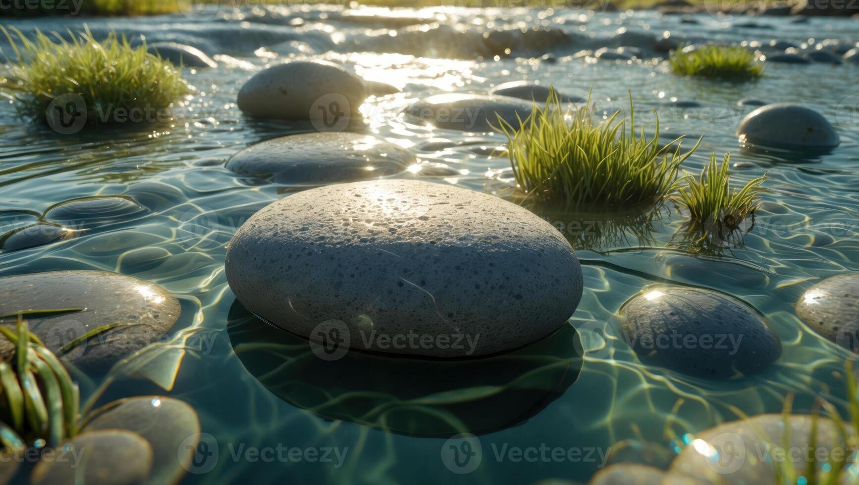 River Stones and Grass Tufts Resting Peacefully in Shallow Clear Water photo