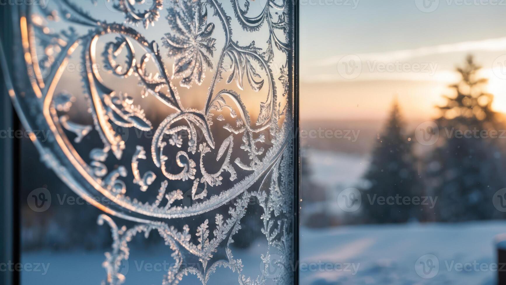 Frost Pattern on Window with Winter Landscape and Sunset View photo