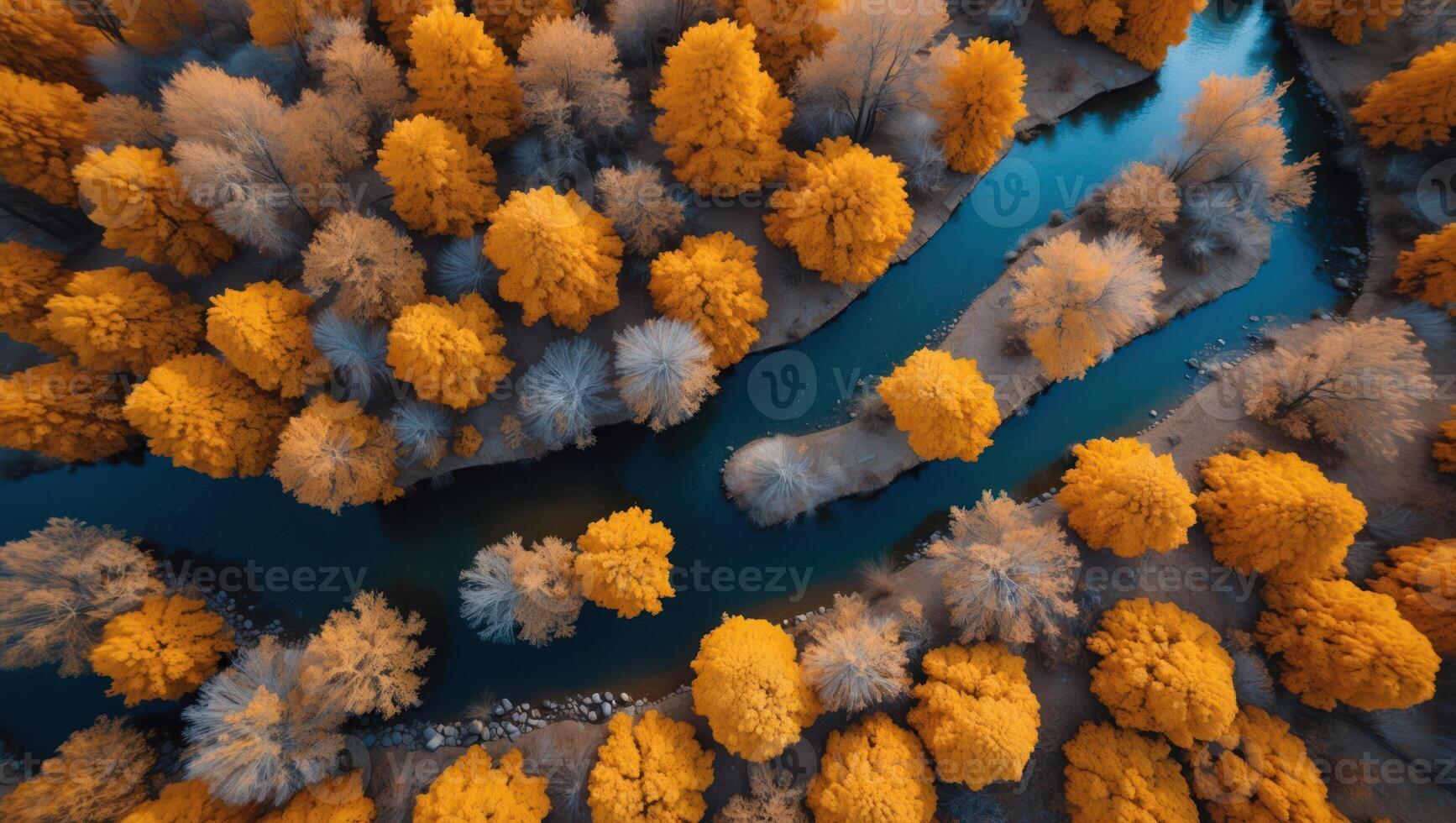 Aerial View of River Flowing Through Fall Colored Trees Forest photo