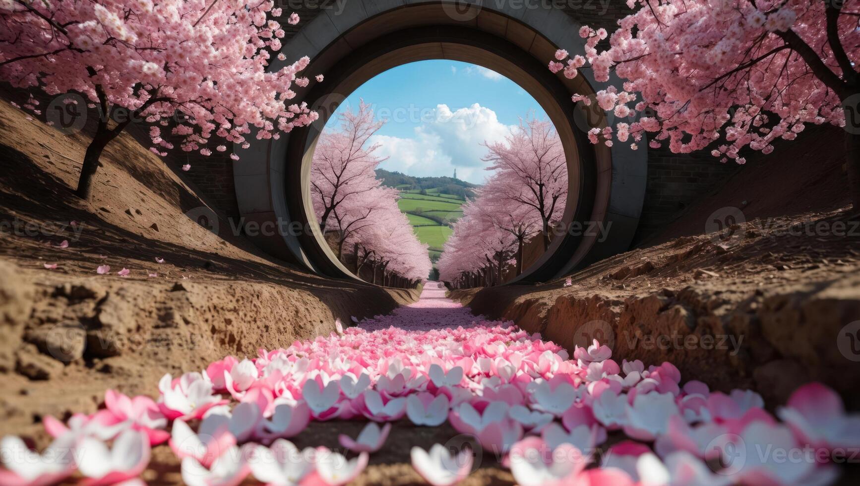 Cherry Blossom Petal Path Through Tunnel with Countryside View photo