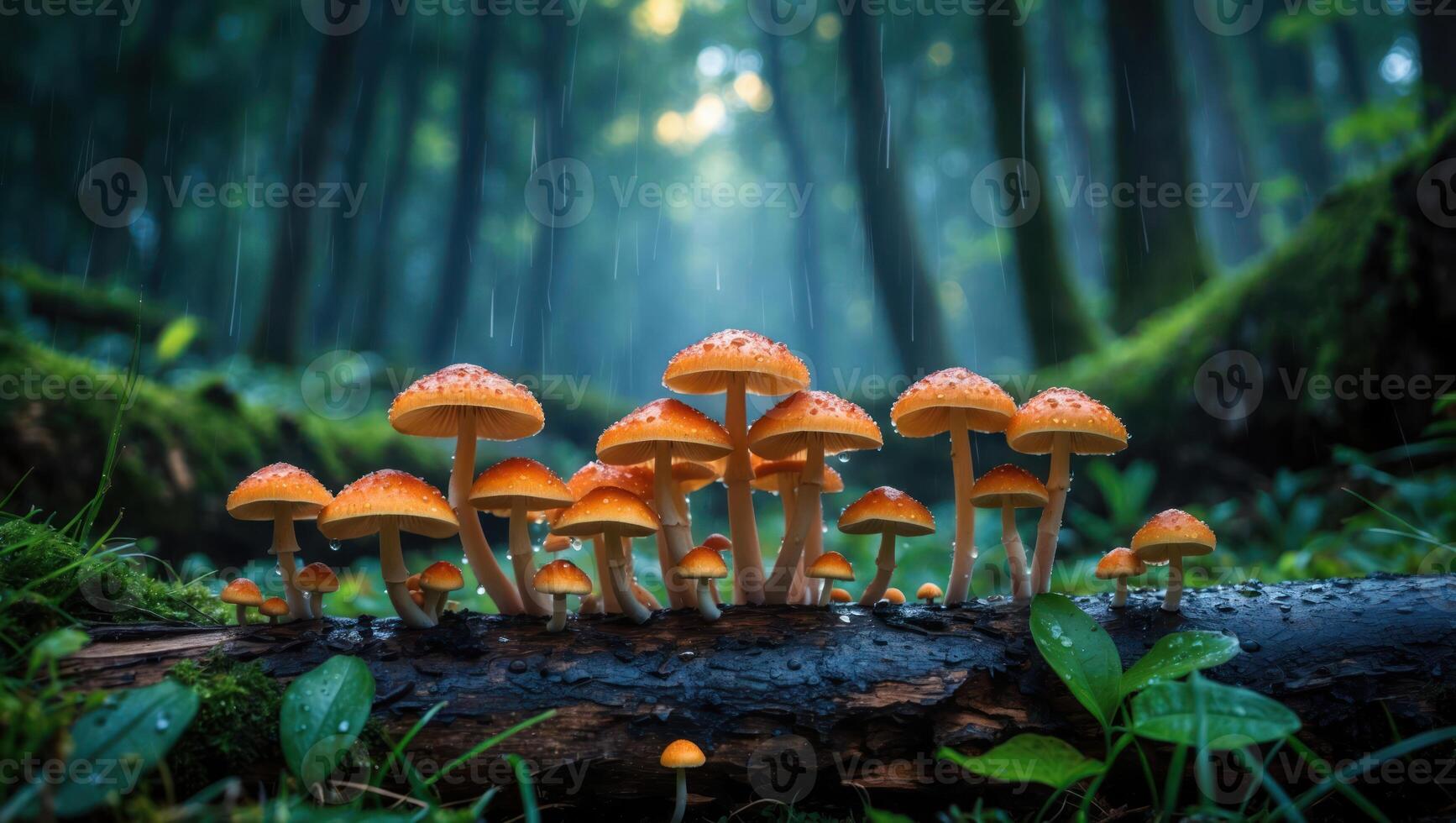 Mushroom Cluster Growing on Log in Forest with Rain Falling photo