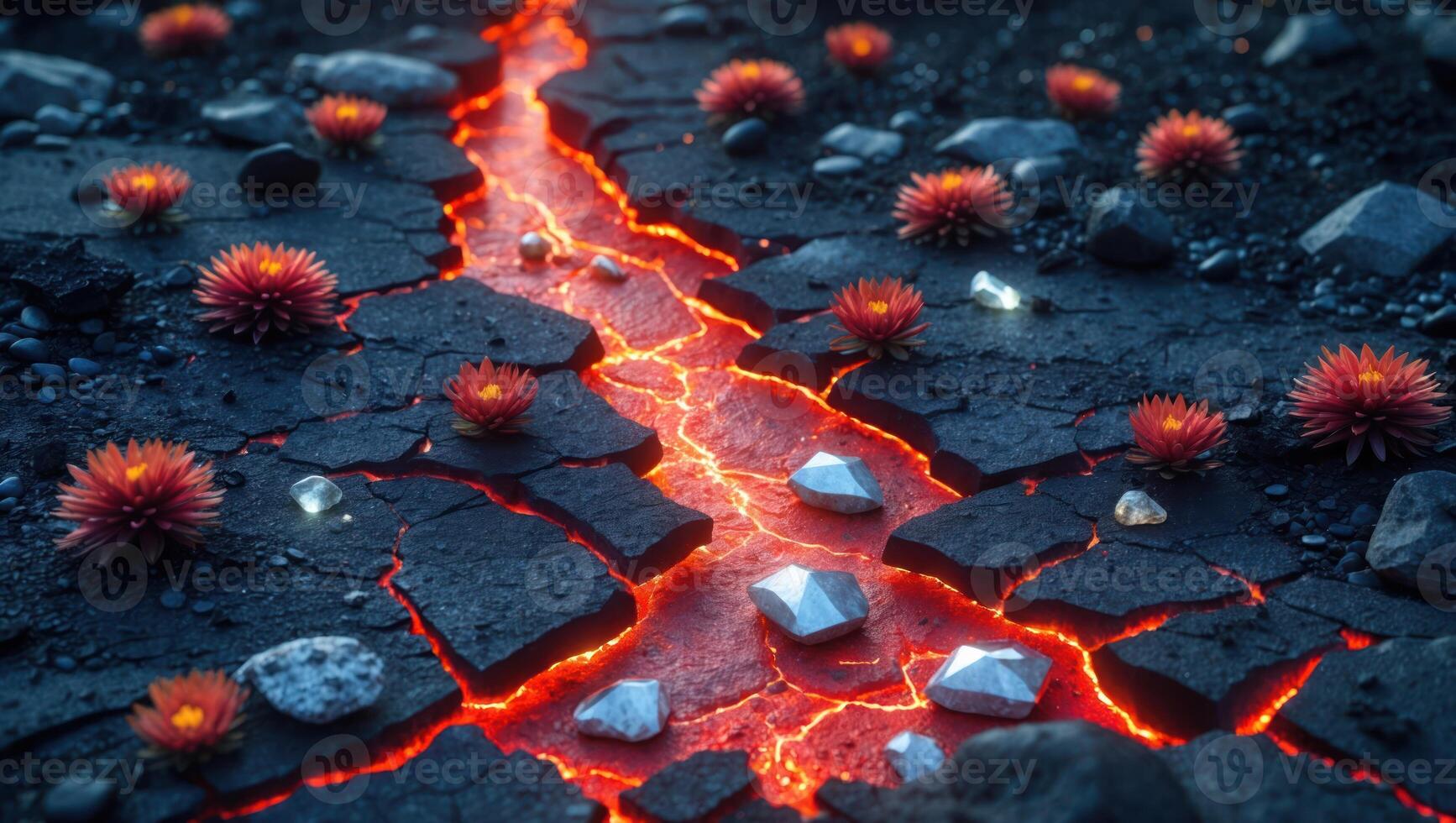 Lava Flowing Through Cracked Ground with Flowers and Geometric Shapes photo