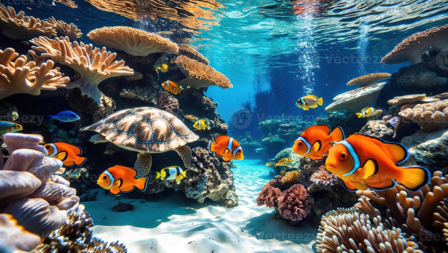 Exploring Underwater Life with Clownfish Turtle and Coral Reef Scenery photo