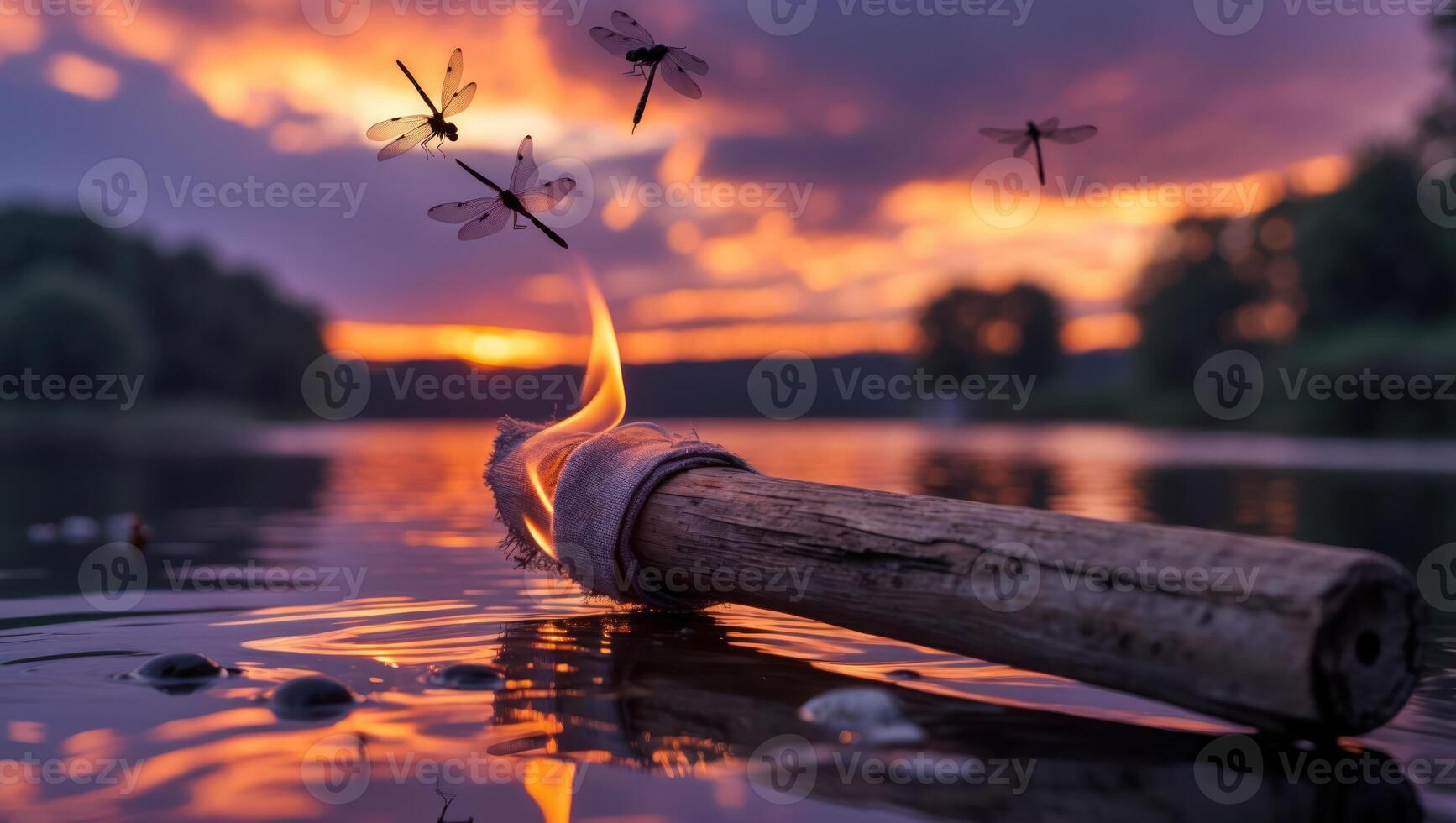 Burning Torch Floating on Water at Sunset with Dragonflies Flying photo