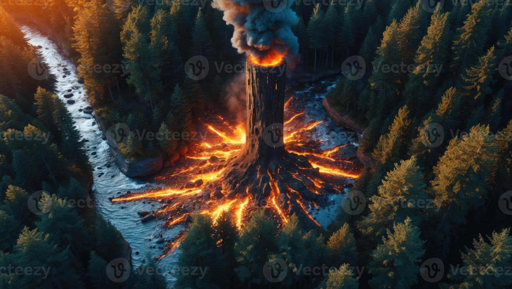 Tower Erupting Lava Flows Through Forest with River Below Aerial photo