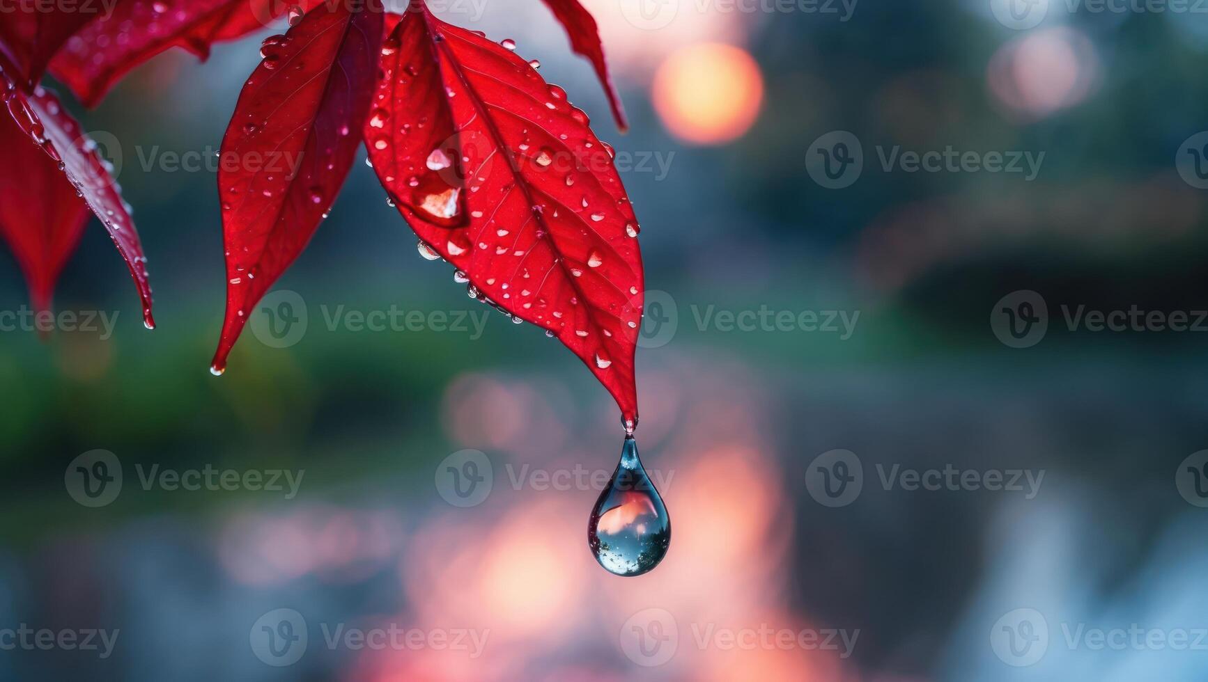 Red Leaf with Water Droplets and Reflection in a Gentle Environment photo