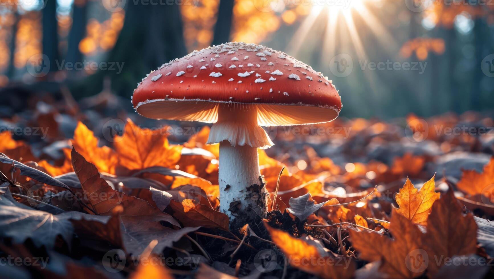 Mushroom Standing Tall Amongst Fallen Leaves in Autumn Sunlight photo