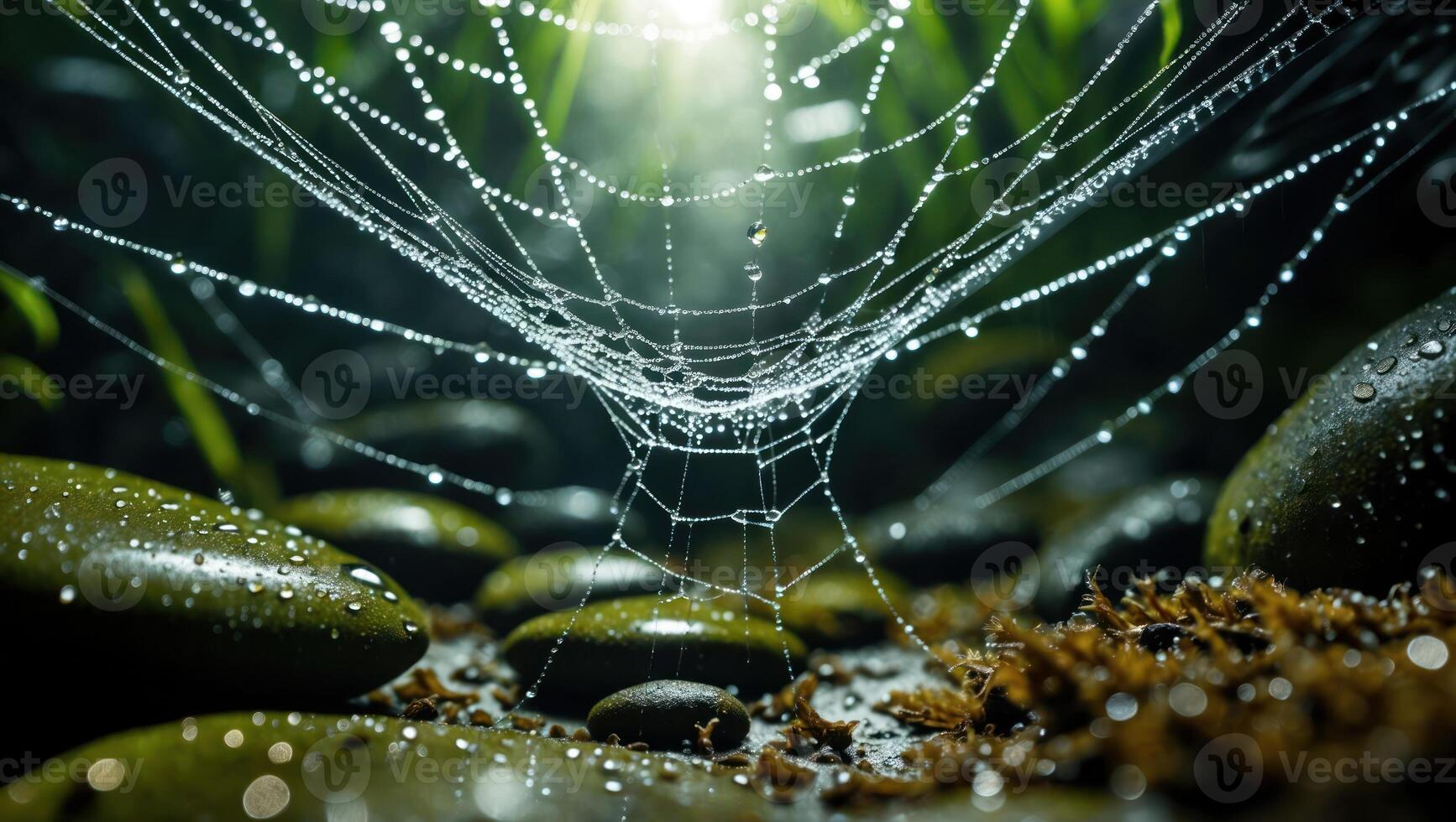 Spiderweb with Dewdrops on Smooth Rocks in a Forest Setting photo