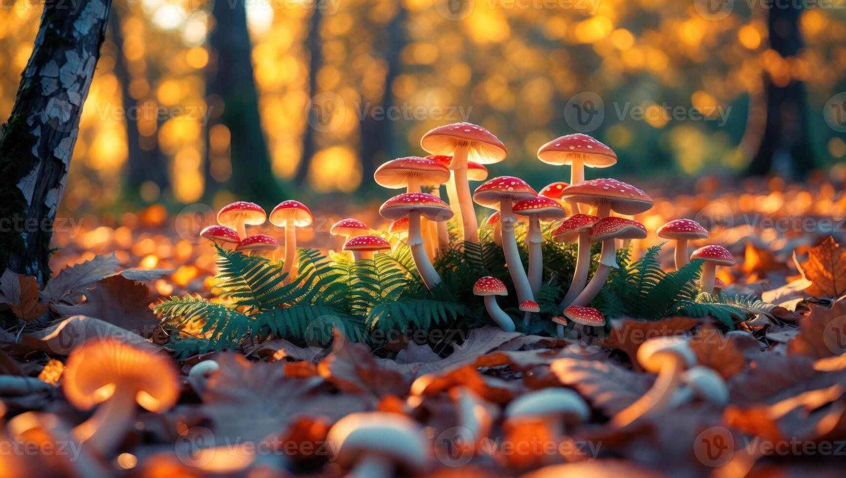 Fly Agaric Mushrooms Growing in Forest with Autumn Leaves and Sunlight photo