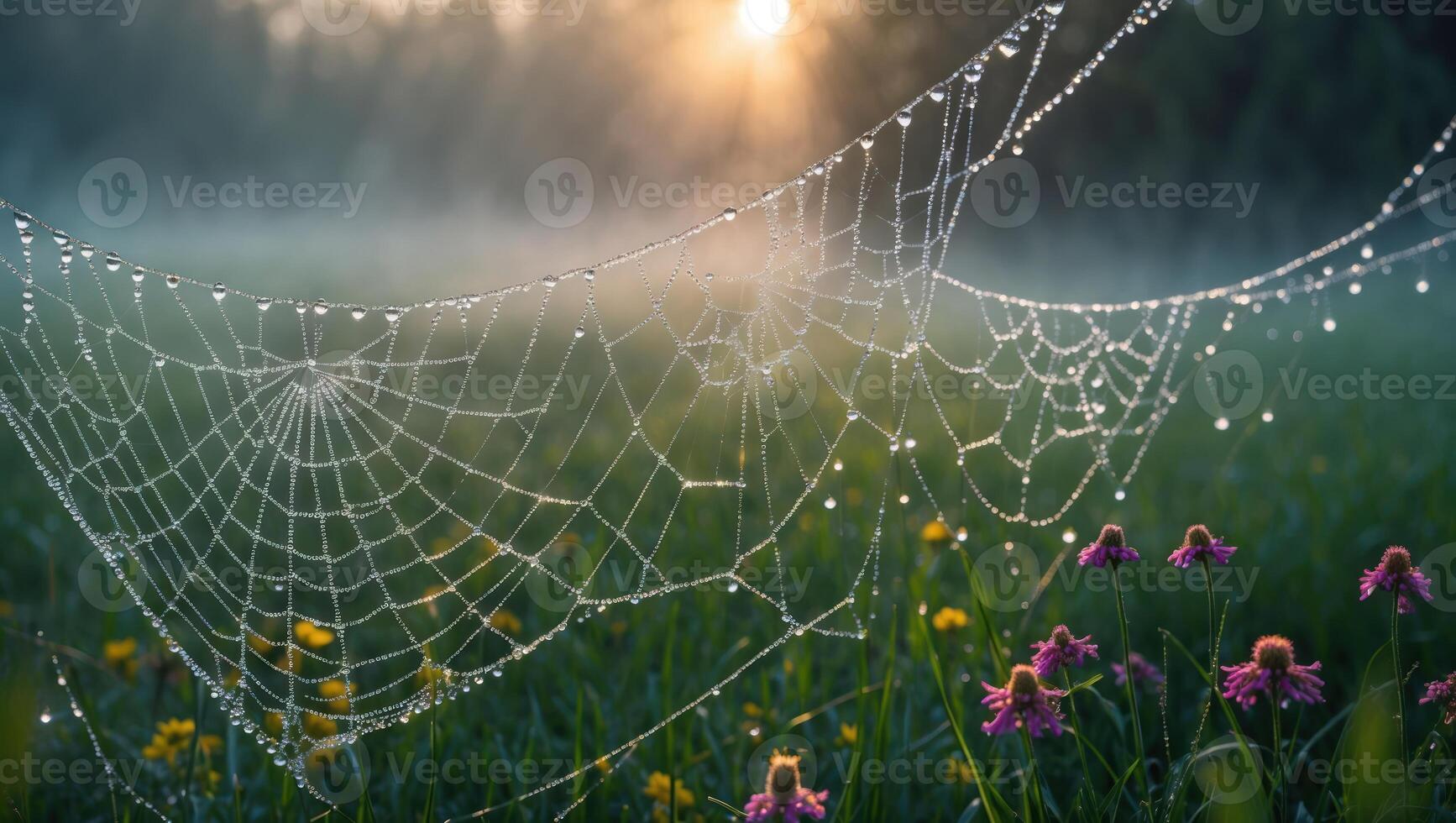 Dew Covered Spiderweb Shines in Morning Light Over Field photo