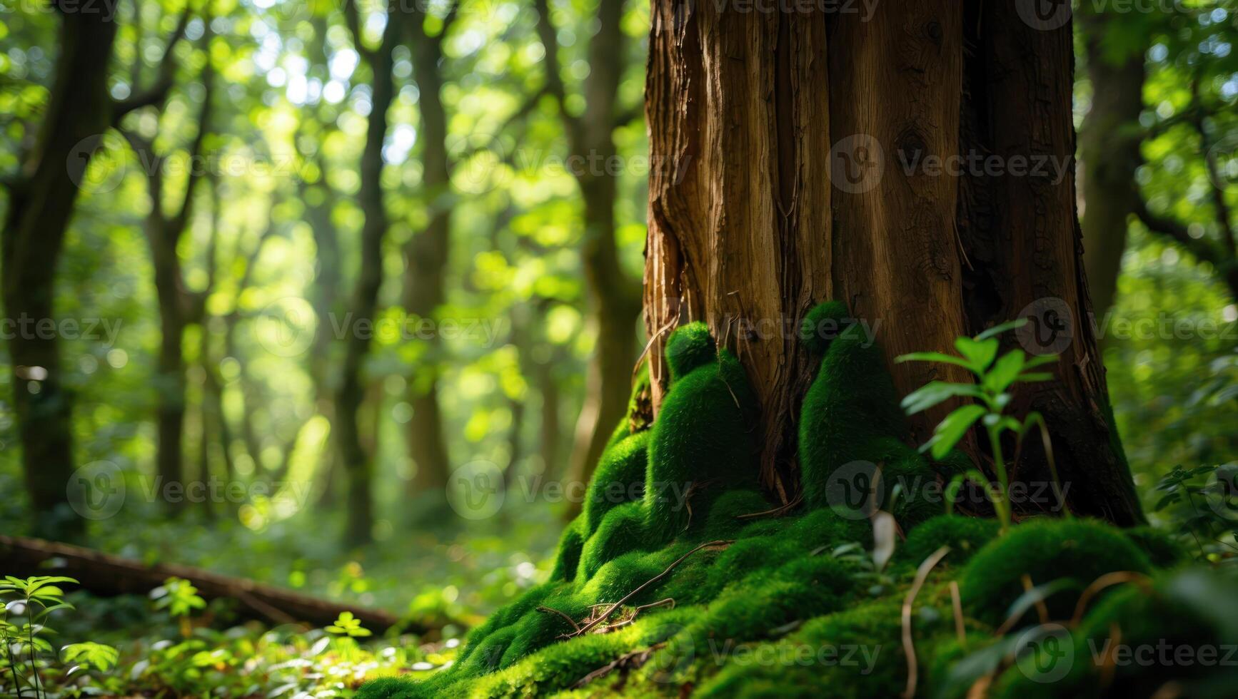 Mossy Tree Trunk in Forest with Sunlight Filtering Through Leaves photo