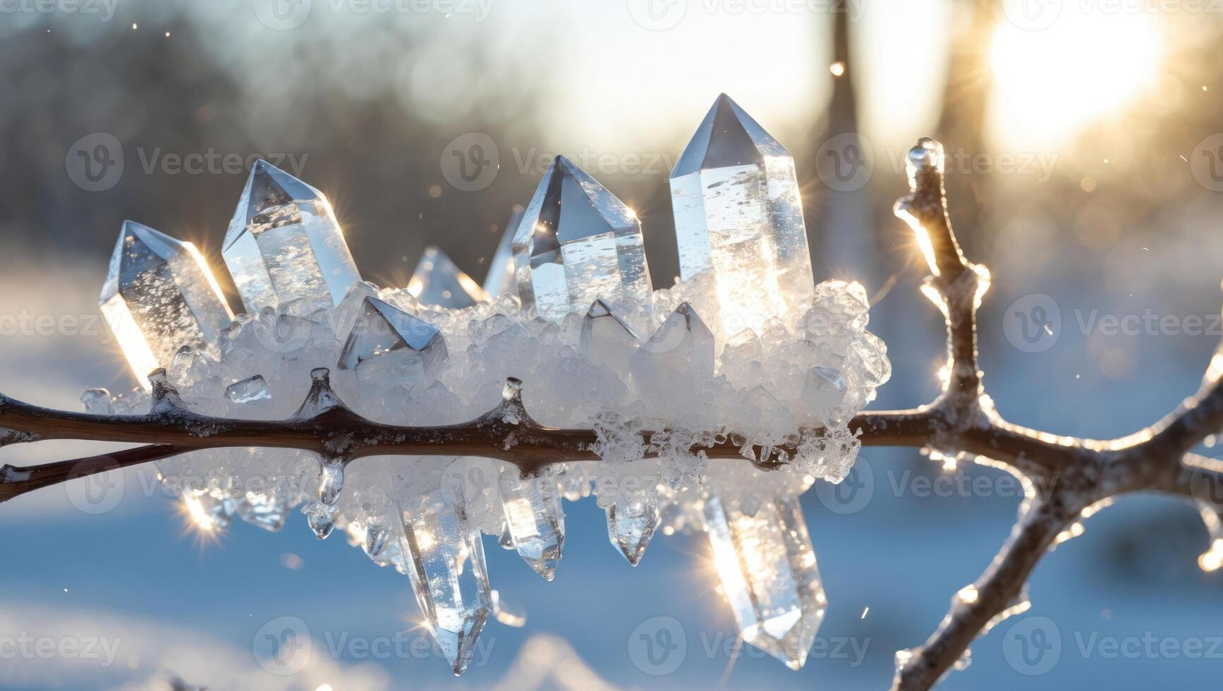 Crystal Cluster on Branch with Snow and Ice in Winter Sunlight photo