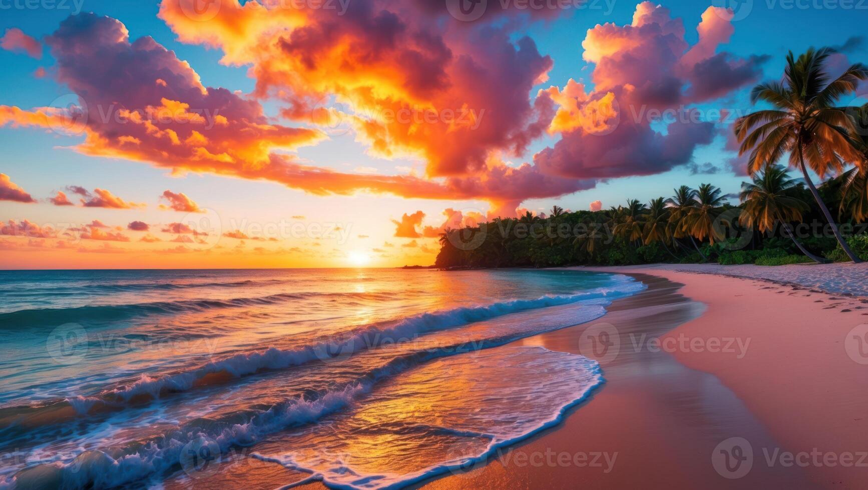 Tropical Beach Sunset with Colorful Clouds Reflecting on the Ocean Waves photo