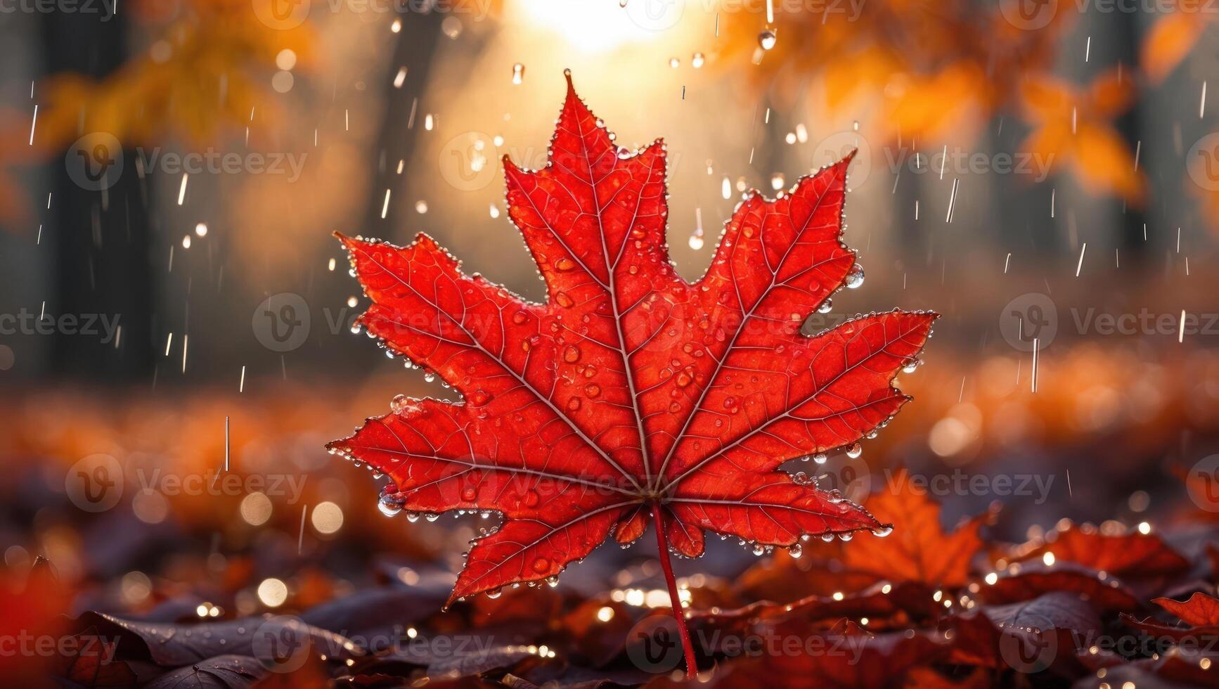 Red Maple Leaf on Ground During Rain with Sunlight Breaking Through photo