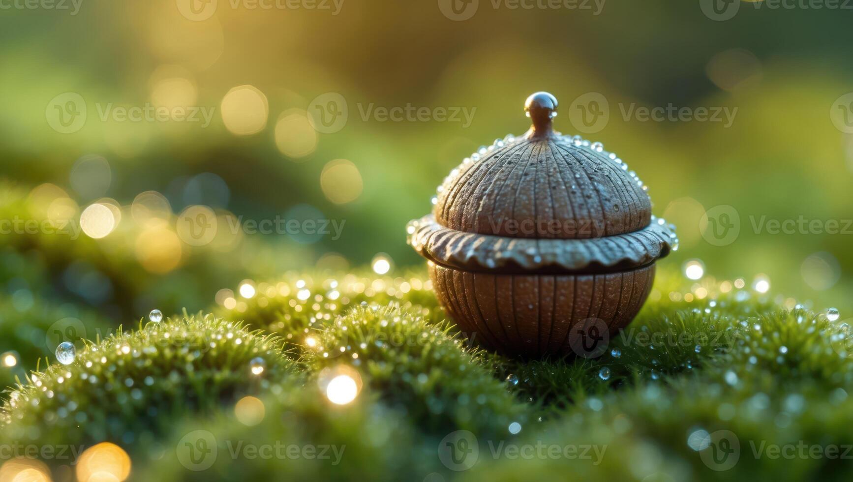 Ornamental Container on Mossy Surface with Water Droplets in Soft Light photo